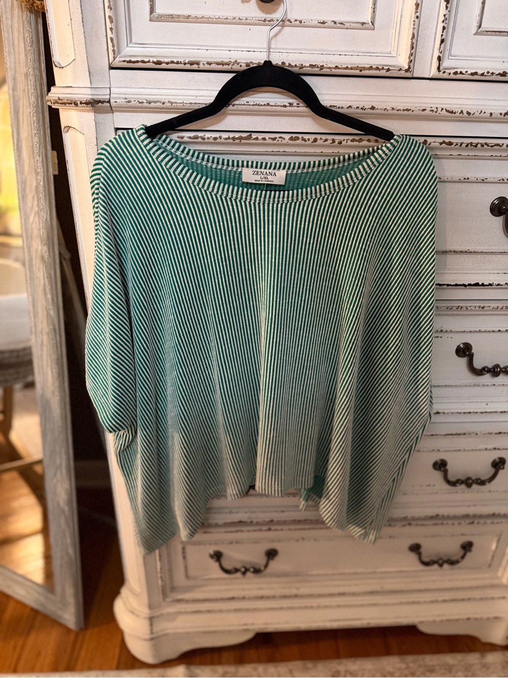 Zenana Outfitters Teal and White Striped Scoop Neck Sweater